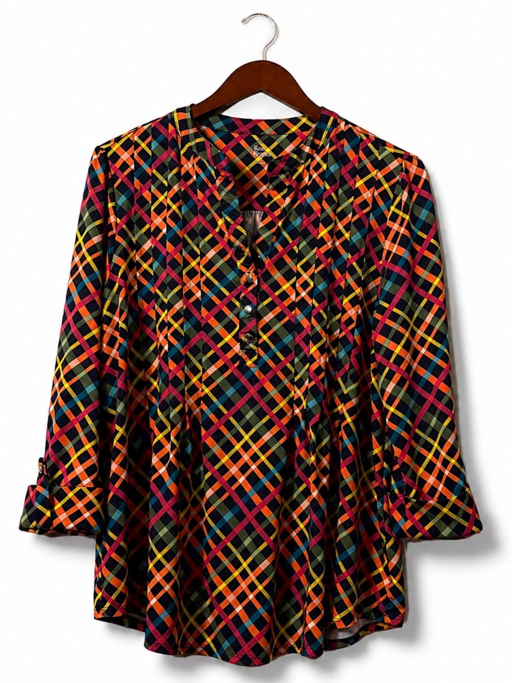 Kim Rogers Multicolor Plaid Tunic Blouse Large Roll Tab Sleeve Stretch